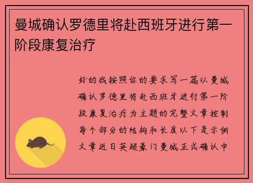 曼城确认罗德里将赴西班牙进行第一阶段康复治疗 曼城确认罗德里将赴西班牙进行第一阶段康复治疗