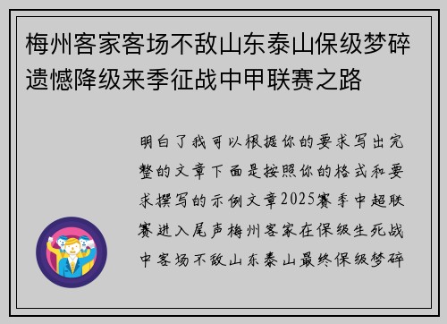 梅州客家客场不敌山东泰山保级梦碎遗憾降级来季征战中甲联赛之路 梅州客家客场不敌山东泰山保级梦碎遗憾降级来季征战中甲联赛之路